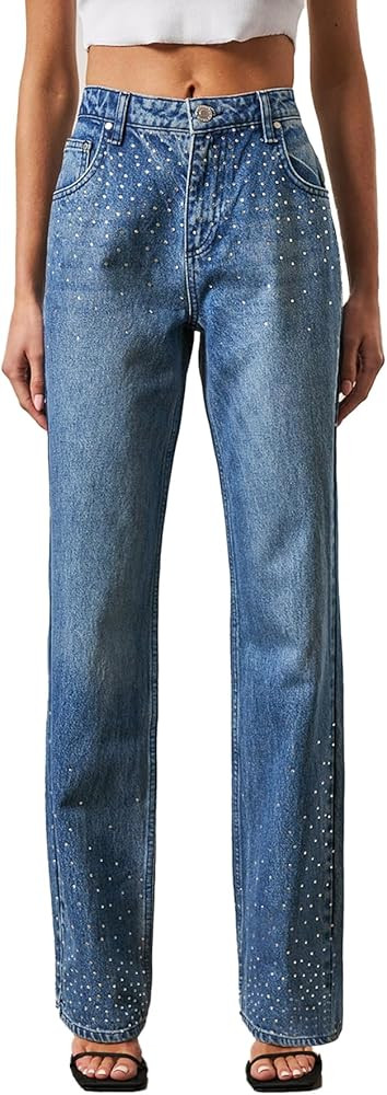 Kedera Womens High Waisted Rhinestone Jeans Straight Wide Leg Bling Denim Pants | Amazon (US)