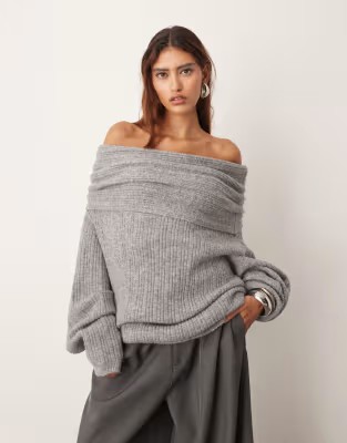 ARRANGE chunky rib knitted off shoulder jumper in charcoal | ASOS | ASOS (Global)