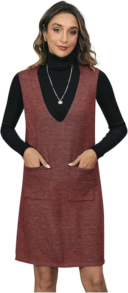 OYOANGLE Women's V Neck Sleeveless Knitted Solid Short Sweater Dress with Pockets | Amazon (US)