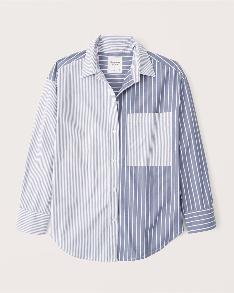 Abercrombie & Fitch Women's Oversized Colorblock Poplin Button-Up Shirt in Blue Stripe - Size XS | Abercrombie & Fitch (US)