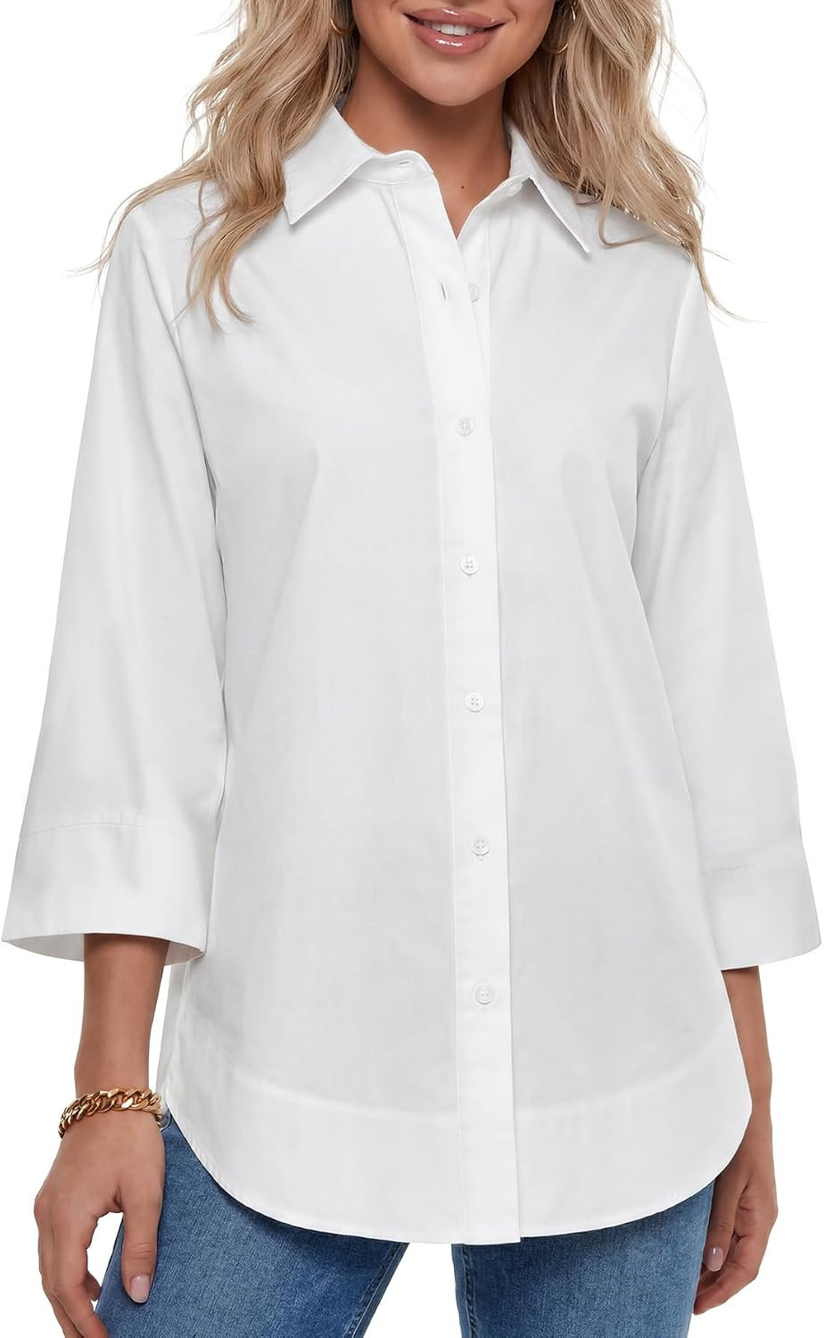 KIFOVEN Women's Cotton Button Down 3/4 Sleeve Blouse | Amazon (US)