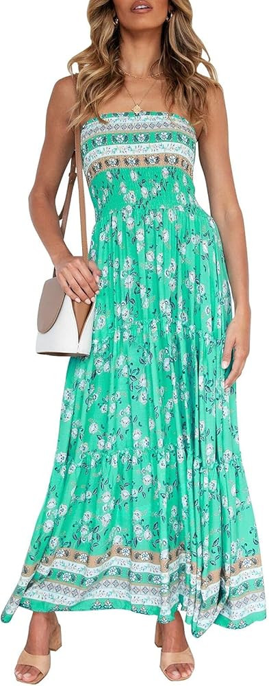 ZESICA Women's 2024 Summer Bohemian Floral Printed Strapless Beach Party Long Maxi Dress | Amazon (US)