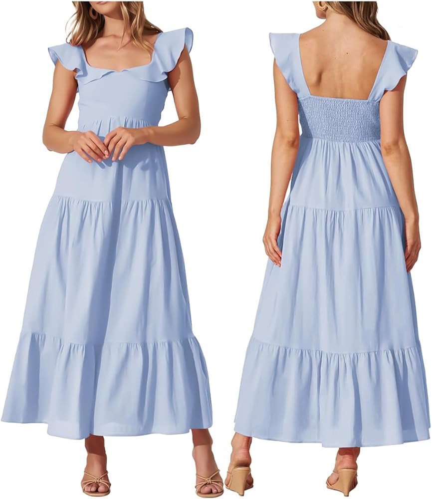 Women's Summer Sleeveless Ruffle Dresses 2024 Square Neck Smocked Backless Boho Flowy Beach A-Lin... | Amazon (US)