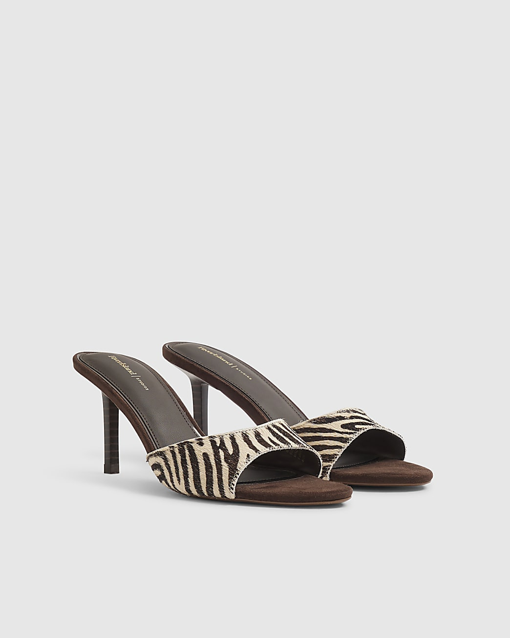 Brown Zebra Mule Heeled Sandals | River Island UK & IE