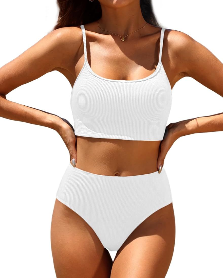 Yonique Ribbed Bikini High Waisted Bikini Crop Top Swimsuit for Women Two Piece Bathing Suit | Amazon (US)
