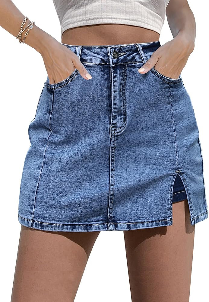 luvamia Skorts Skirts for Women Denim Mini Skirt Side Slit with High Waisted Jean Shorts Stretchy | Amazon (US)