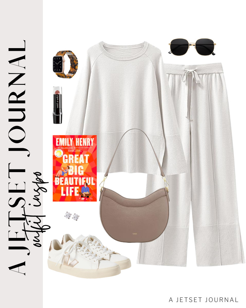 Staying comfortable is essential for a busy day. This white matching lounge set pairs perfectly with the Kattee leather shoulder bag and Veja Campo sneakers. You can also style it with square sunglasses. 

 #LTKSeasonal #LTKSaleAlert #LTKTravel