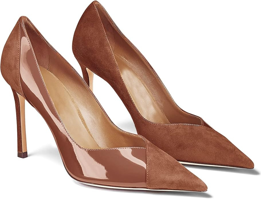 Coutgo Women's Pointed Toe Suede and Patent Stiletto High Heel Dress Pumps Shoes | Amazon (US)