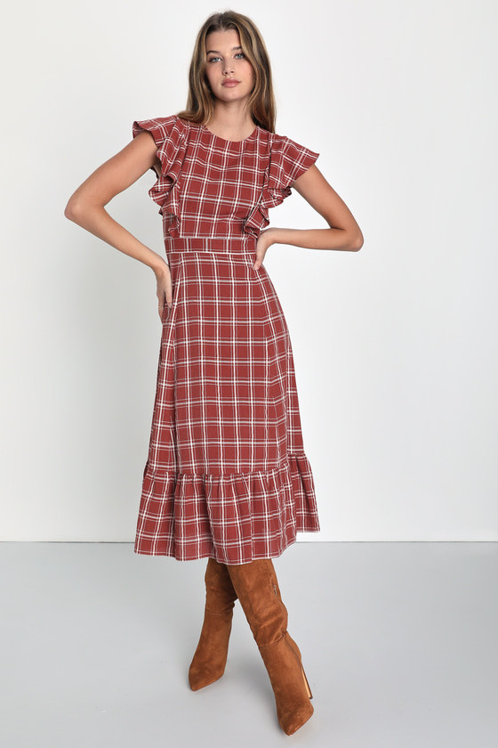 Prairie Persona Rust and White Plaid Short Sleeve Midi Dress | Lulus (US)