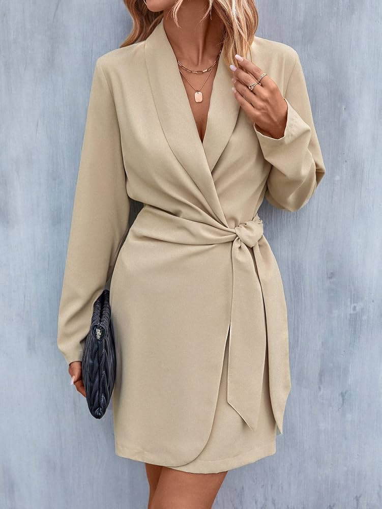 TALQIOl Dresses for Women Surplice Neck Knot Side Wrap Dress (Color : Apricot, Size : Small) | Amazon (US)