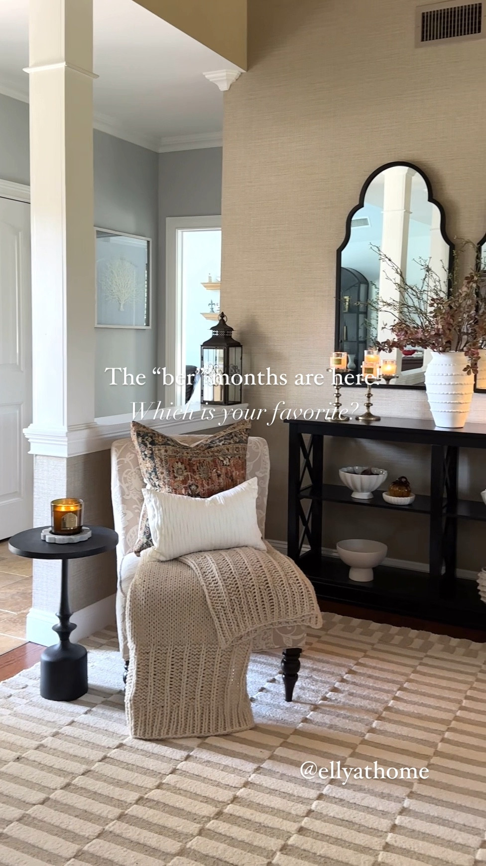 Fall, autumn foyer, entryway styling. Shop fall candles, scallop marble tray, candle accessories, throw pillow on sale with free shipping, side table, area rug, mirrors, console table. Fall home decor accessories. 

#LTKSaleAlert #LTKHome #LTKVideo