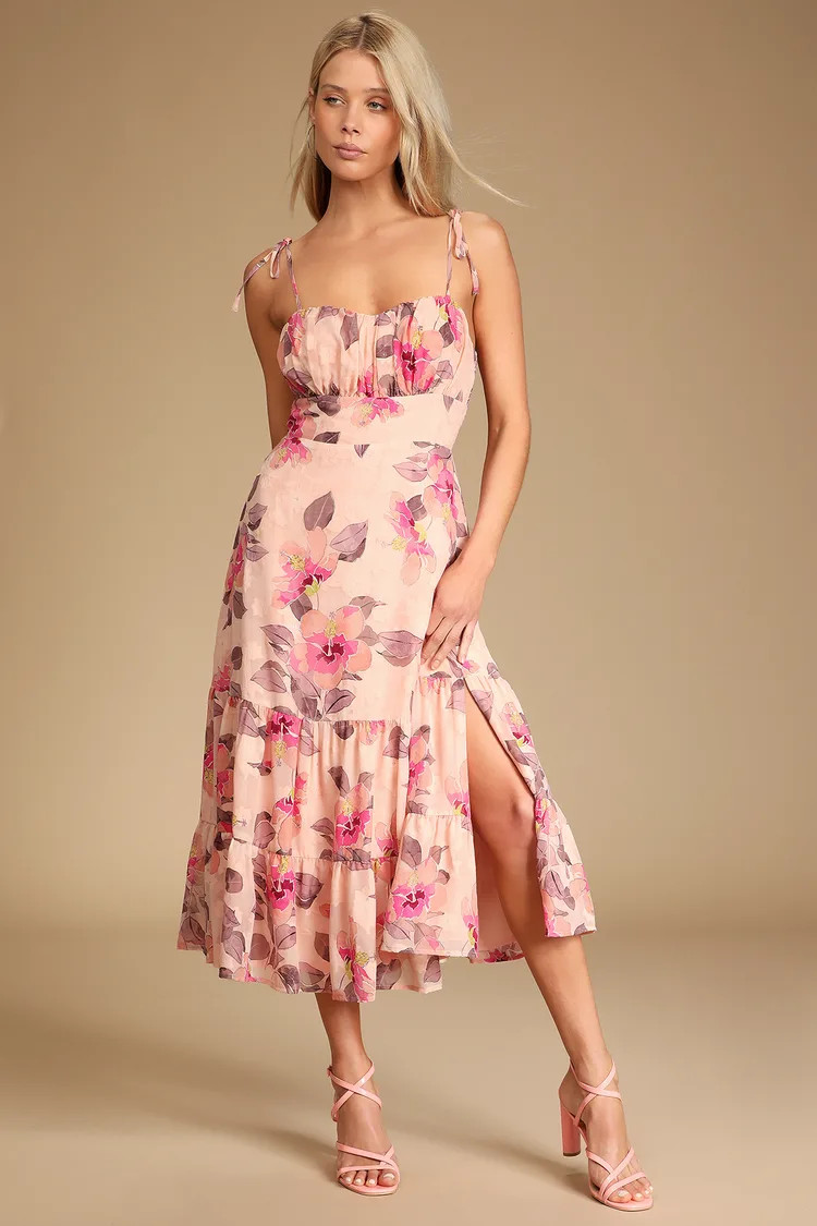 Tea Party Chic Pink Floral Print Tie-Strap Tiered Midi Dress | Lulus