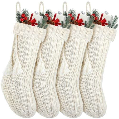 Geyoga 4 Pcs Neutral Christmas Cable Knit Stockings 22 Inch Boho Christmas Stockings Large Xmas Stocking with Tassel Hanging Rustic Ornament for Fireplace Holiday Party Decor(Beige) | Amazon (US)