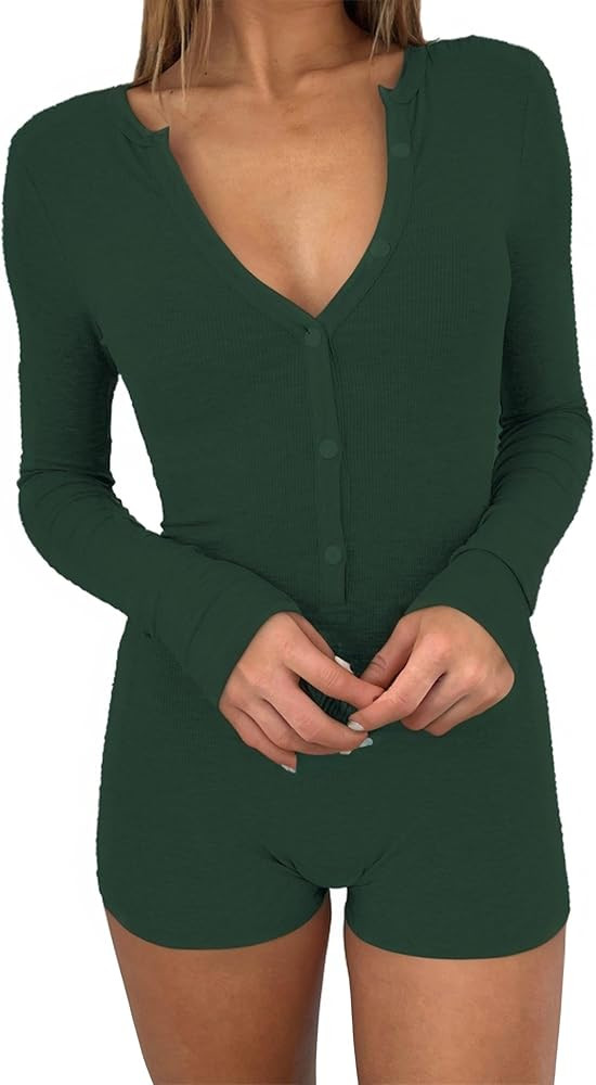 REVETRO Women's 2025 Spring Sexy V Neck Long Sleeve Shorts Romper Y2k One Piece Jumpsuit Bodycon ... | Amazon (US)