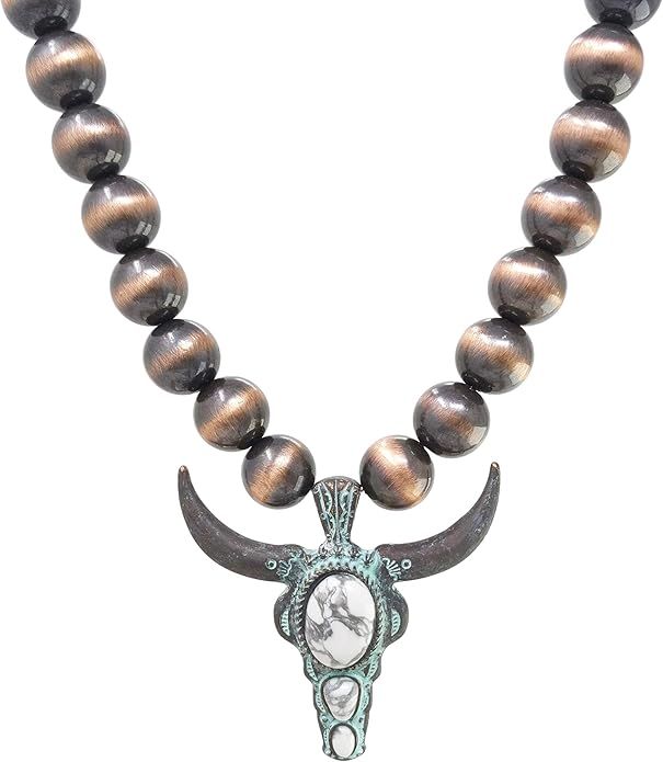Elosee Turquoise Stone Long Horn Steer Skull Pendant Native Pearls Necklace 18 Inch | Amazon (US)