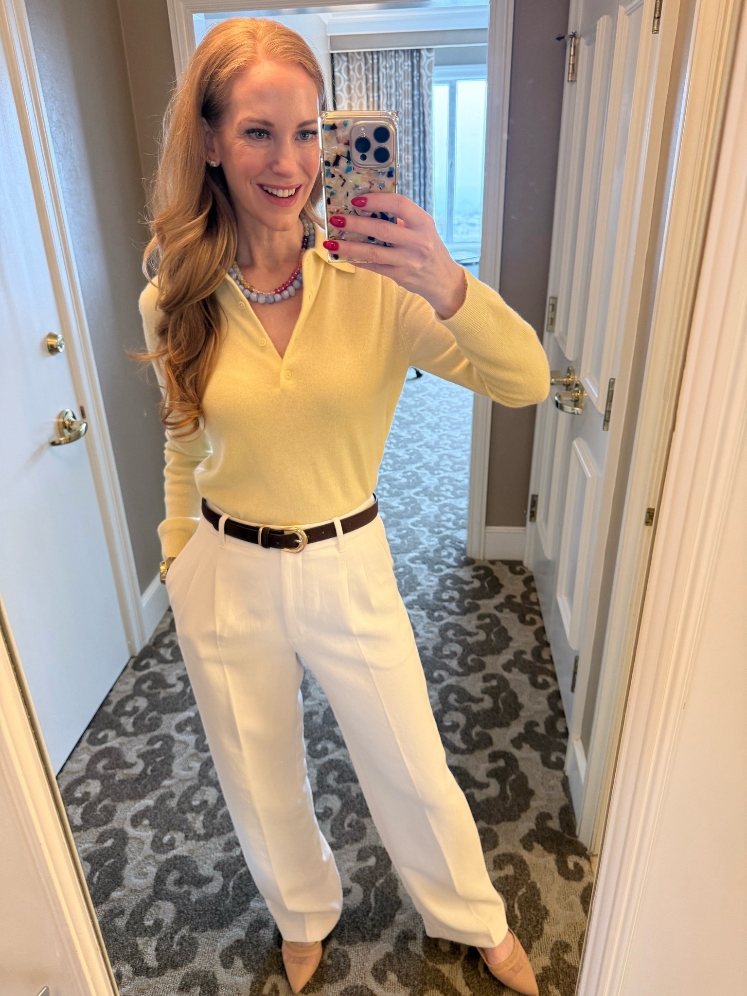 @Aritzia crepette pants are amazing and wrinkle free! I’m in a 4 Tall. 
Super soft butter yellow collared sweater is Aritzia too! And fun beaded Amazon necklaces.

#LTKootd #LTKTravel #LTKWorkwear