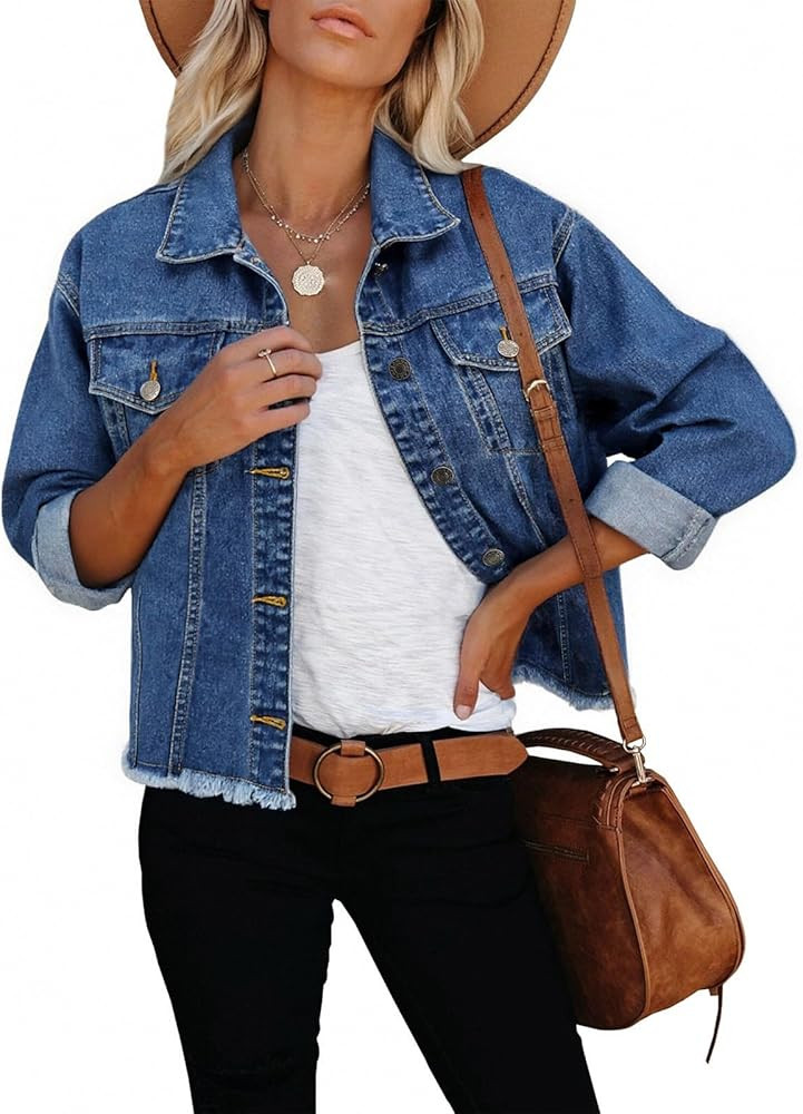 LONGBIDA Women's Jean Jacket Frayed Washed Button Up Cropped Denim Jacket With Pockets | Amazon (US)