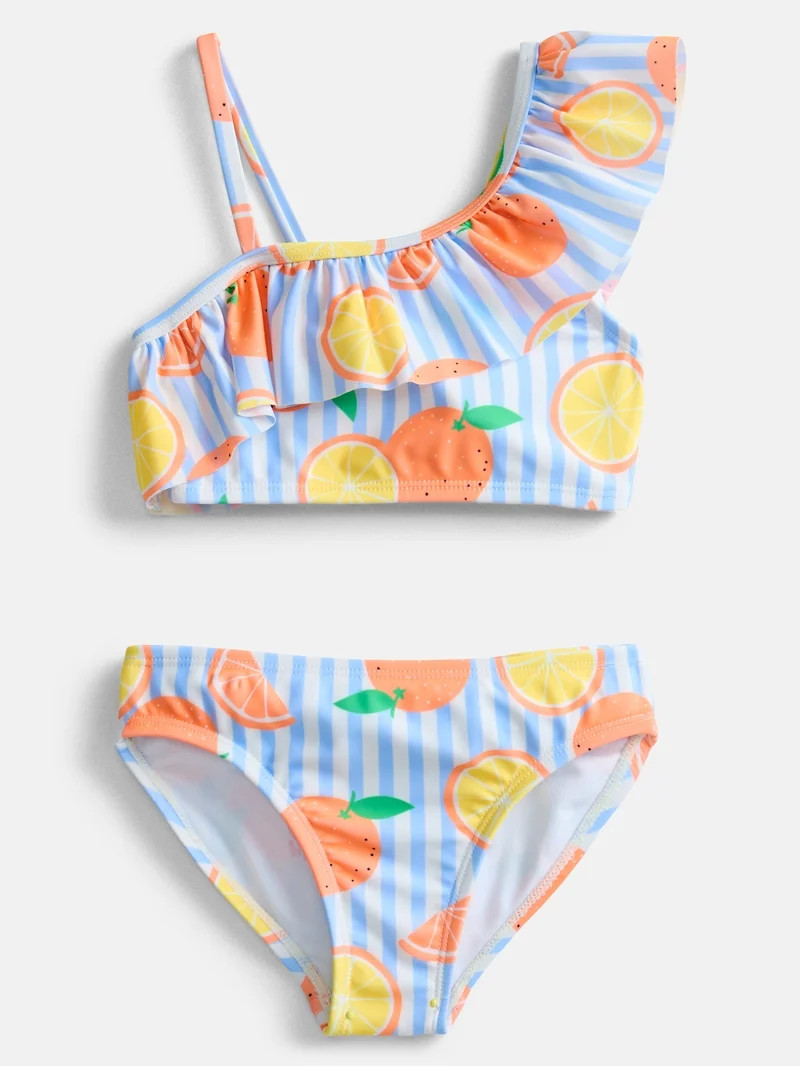 Wonder Nation Girls Citrus Print Ruffle Swimsuit Top and Bottom Set with UPF 50, 2-Piece, Sizes 4... | Walmart (US)