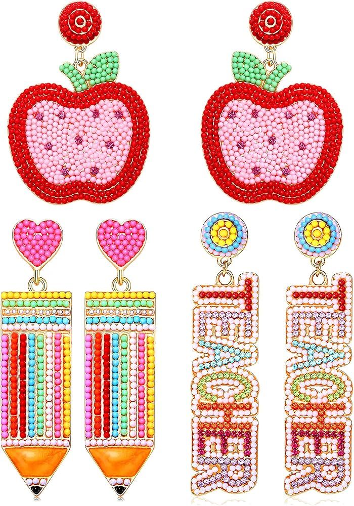 2/3 Pairs Pencil Earrings Teacher Earrings for Women Rhinestone Beaded Dangle Drop Earrings Color... | Amazon (US)