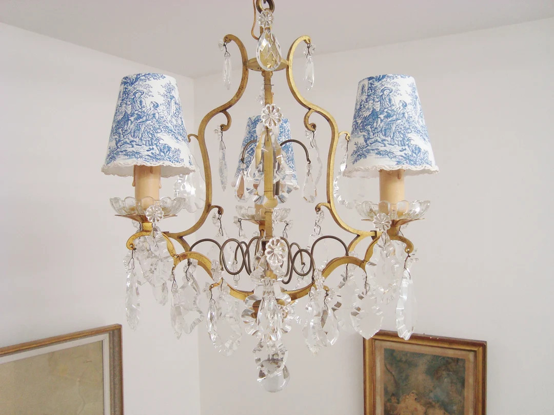 Vintage French chandelier with toile de Jouy lampshades handmade in France | Etsy (US)