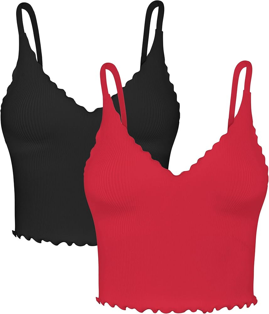 Sunzel Tank Top for Women, V Neck Seamless Ribbed Crop Sports Bra with Ruffles | Amazon (US)