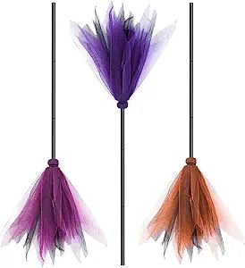 Elcoho 3 Pack Halloween Witch Broom Net Yarn Plastic Witch Broom Cosplay Witch Broom Props for Ha... | Amazon (US)