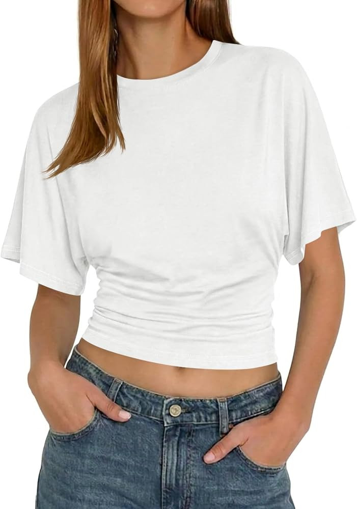 Tankaneo Womens Summer Short Sleeve Crop Tops Cinched Waisted Ruched Top Going Out T Shirts Trend... | Amazon (US)
