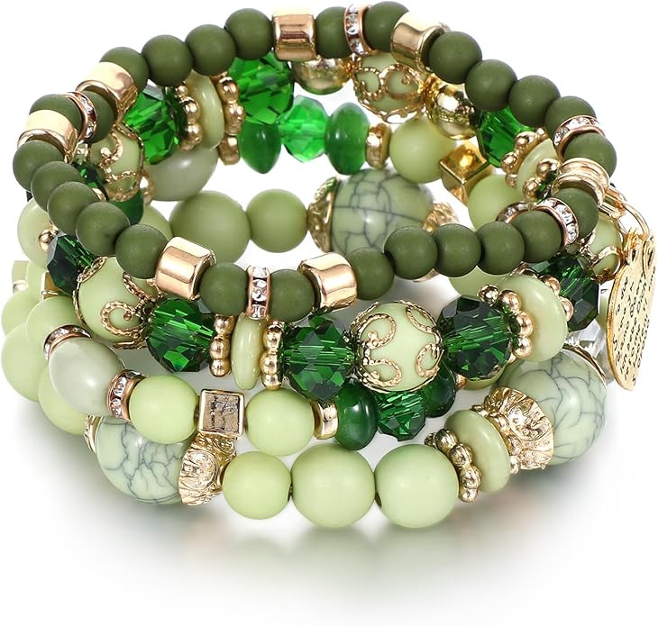 Boho Red(Green) Bracelets for Women, Layered Beaded Bracelet Set with Red(Green) & Gold Accents B... | Amazon (US)