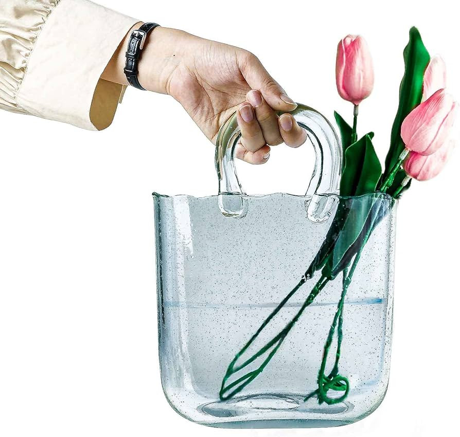 OLEEK Purse vase for Flowers (Handmade) Blue Glass Bag vase -10 Inches- Clear, Cool & Cute vase f... | Amazon (US)