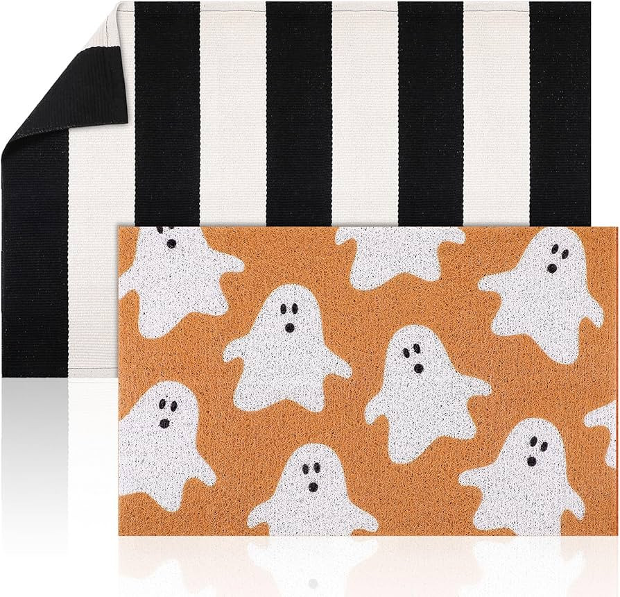 Duraaamo 2 Pcs Halloween Decor Doormat Welcome Doormat Layered Buffalo Plaid Mat Front Porch Entr... | Amazon (US)