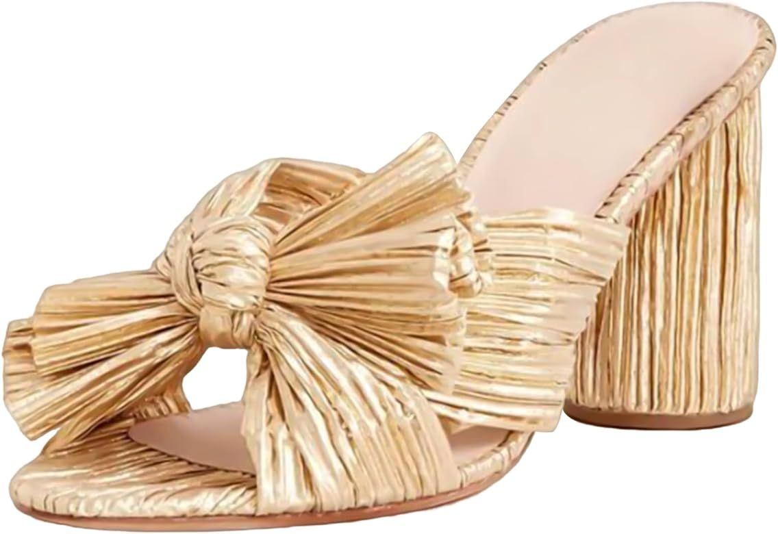 Women's Bow Heeled Sandals Slip On Open Toe Block Chunky Heel Sandals Bride Wedding Dress Shoes | Amazon (US)