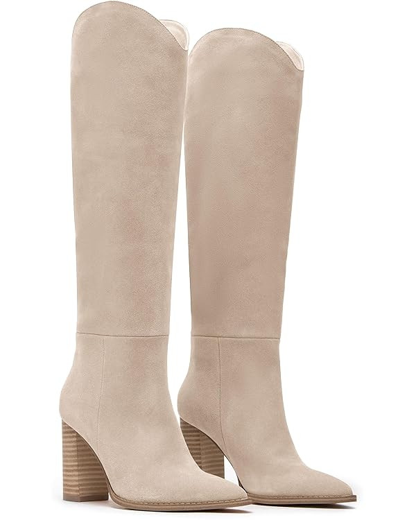 Knee High Boots Women Pull on Pointed Toe Fall Boots Slouchy Tall Wide Calf Chunky Heels Winter D... | Amazon (US)