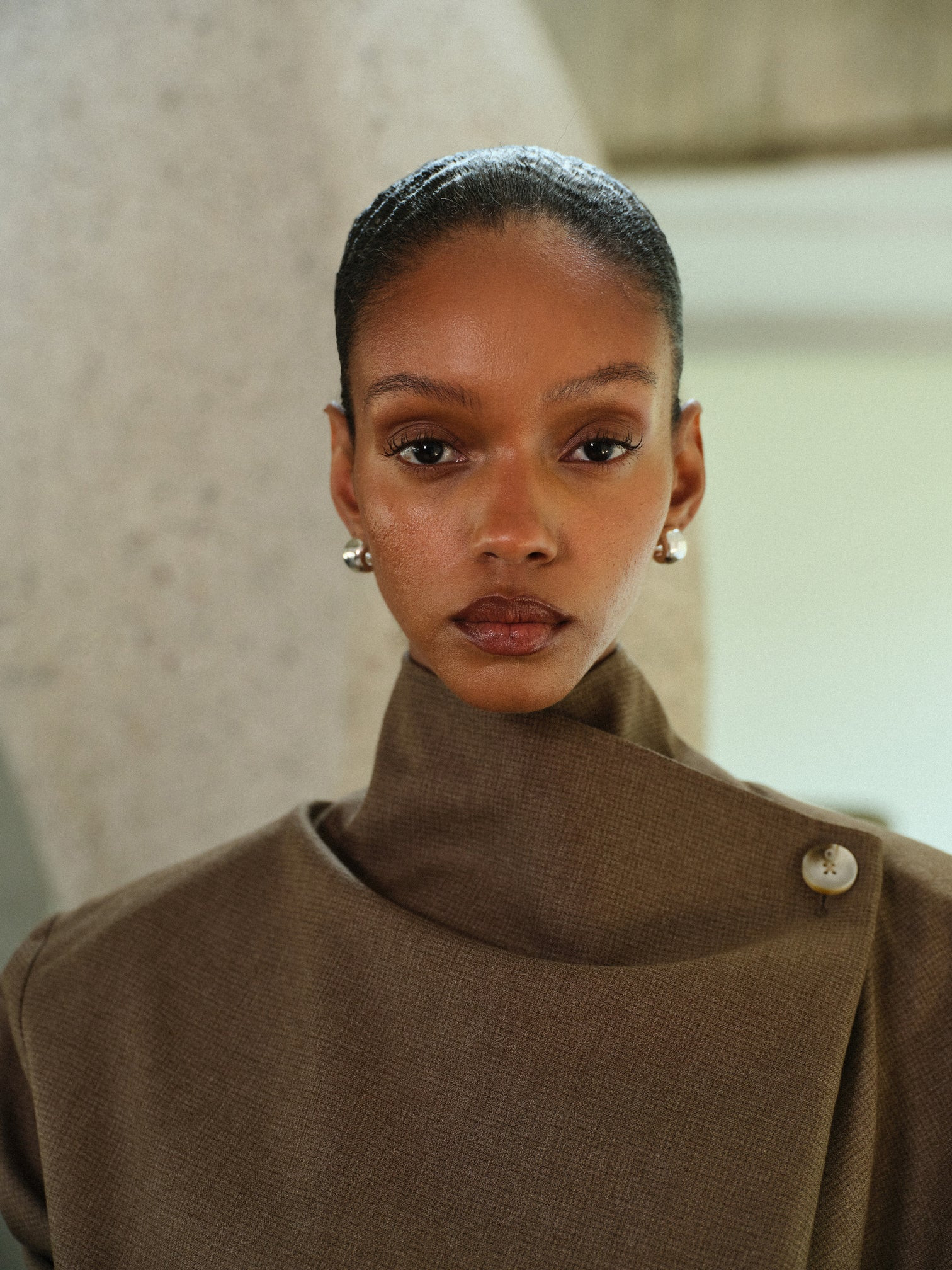 MICRO CHECK FUNNEL NECK TOP - BROWN | The Couture Club