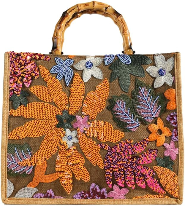 Sequin Embroidered Floral Tote Bag Women Cute Summer Beach Basket Bag Hobo Shoulder Handbag for V... | Amazon (US)