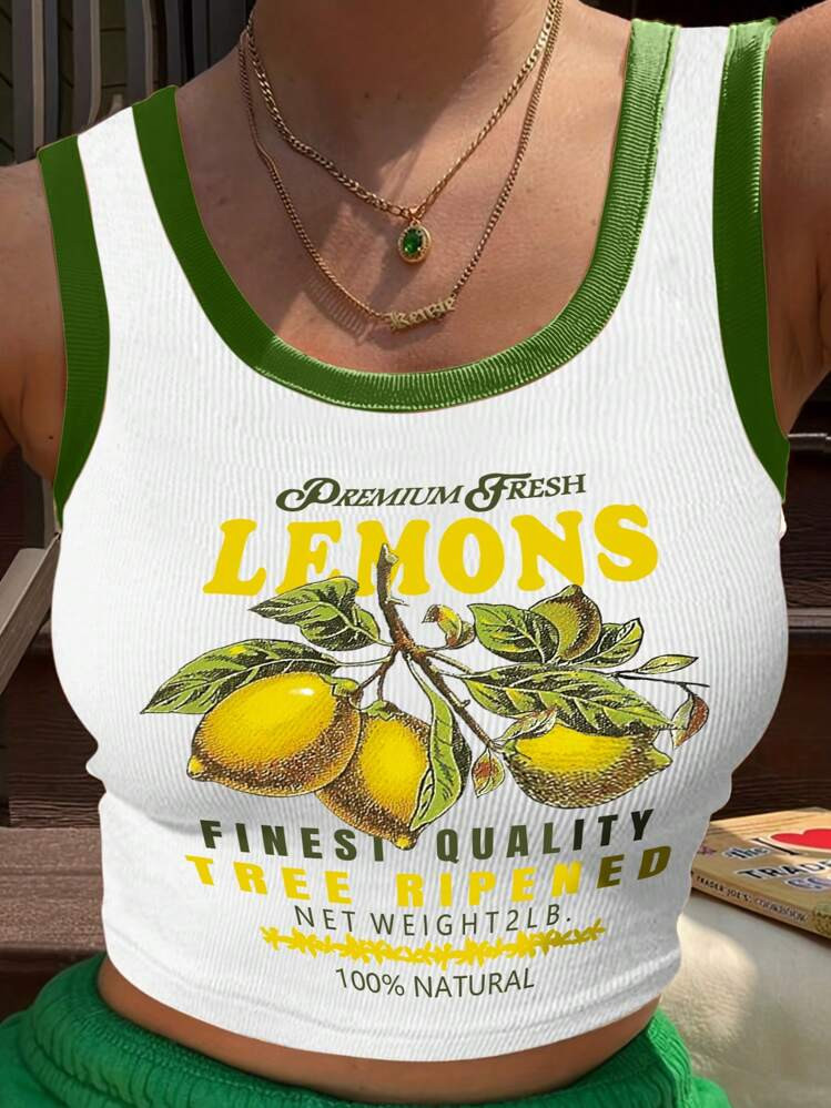 INAWLY Women's Fruit & Letter Print Contrast Trim Round Neck Tank Top | SHEIN