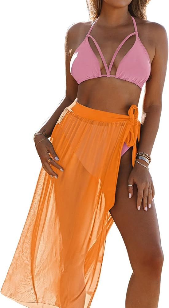 Kisscynest Women's Halter Neck Cut Out 3 Pieces Swimwear with Mesh Maxi Skirt | Amazon (US)
