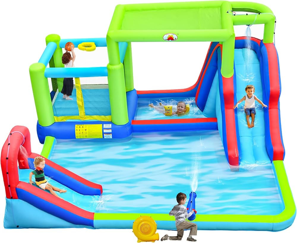 Inflatable Dual Water Slides Park with Blower, Bounce House with Sunshade, Basketball Hoop, Climb... | Amazon (US)