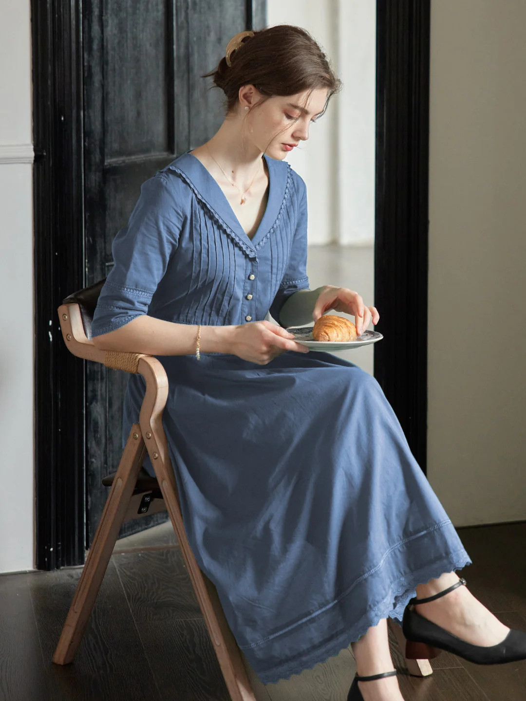 Fiona 100% Cotton Demin Blue Midi Dress | Simple Retro