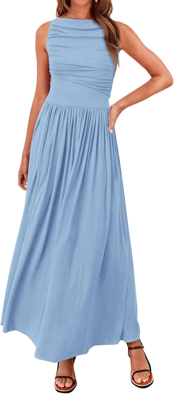 BTFBM Women Casual Dress 2025 Summer Sleeveless Ruched Maxi Dresses Boat Neck High Waist Lightwei... | Amazon (US)