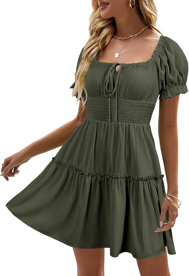 Heysolo Womens Boho Floral Smocked Square Neck Short Sleeve Ruffle Beach Summer Mini Dress | Amazon (US)