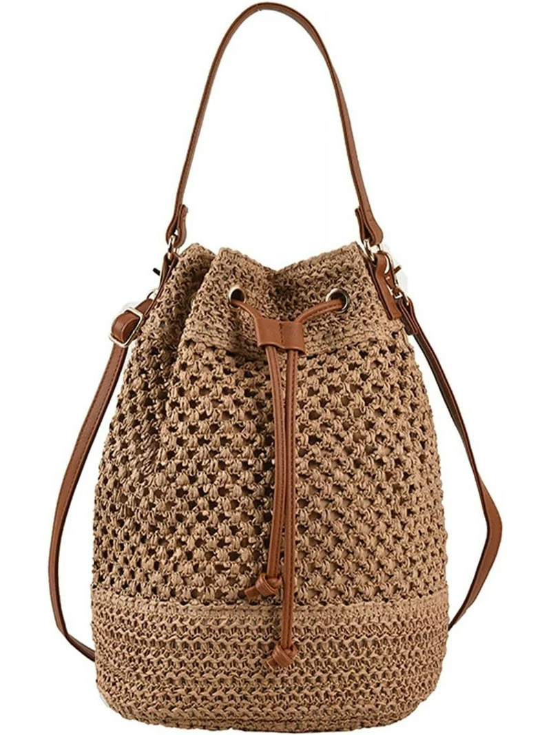 Straw Bucket Bag for Women, Summer Woven Beach Bag Drawstring Hobo Bucket Purses Handbag for Vaca... | Walmart (US)