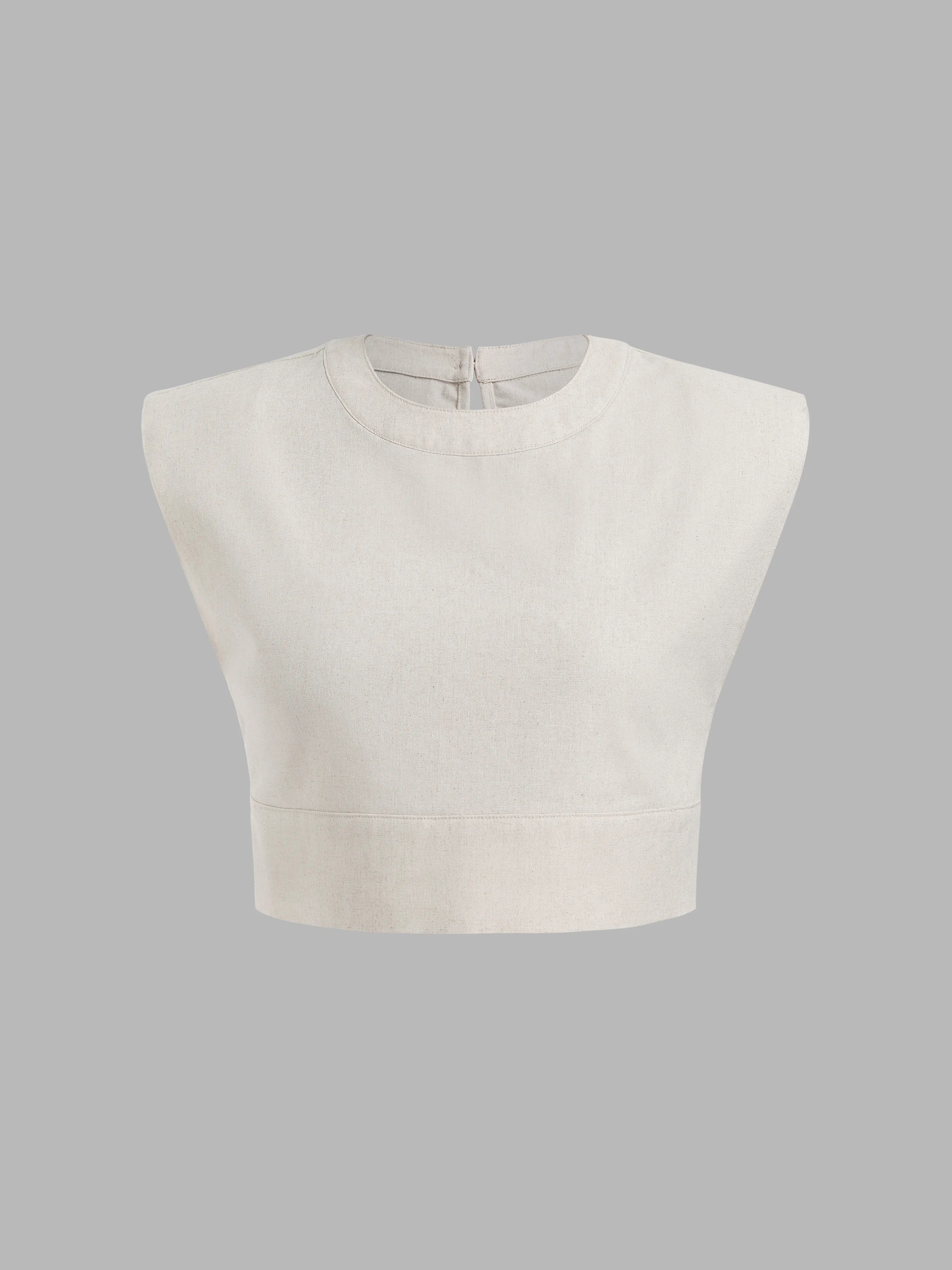 Linen-blend Round Neckline Solid Button Crop Top For Daily Casual | Cider