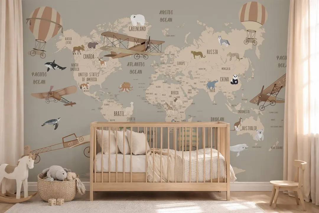 Neutral Kids World Map Wallpaper | Beige Nursery Animals & Hot Air Balloons Wall Mural | Etsy (Global)