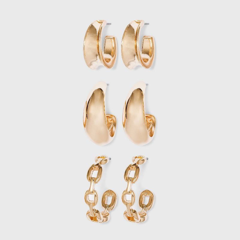 Gold with Chunky Hoops and Frozen Chain Trio Huggie Hoop Earrings - Wild Fable™ Gold | Target