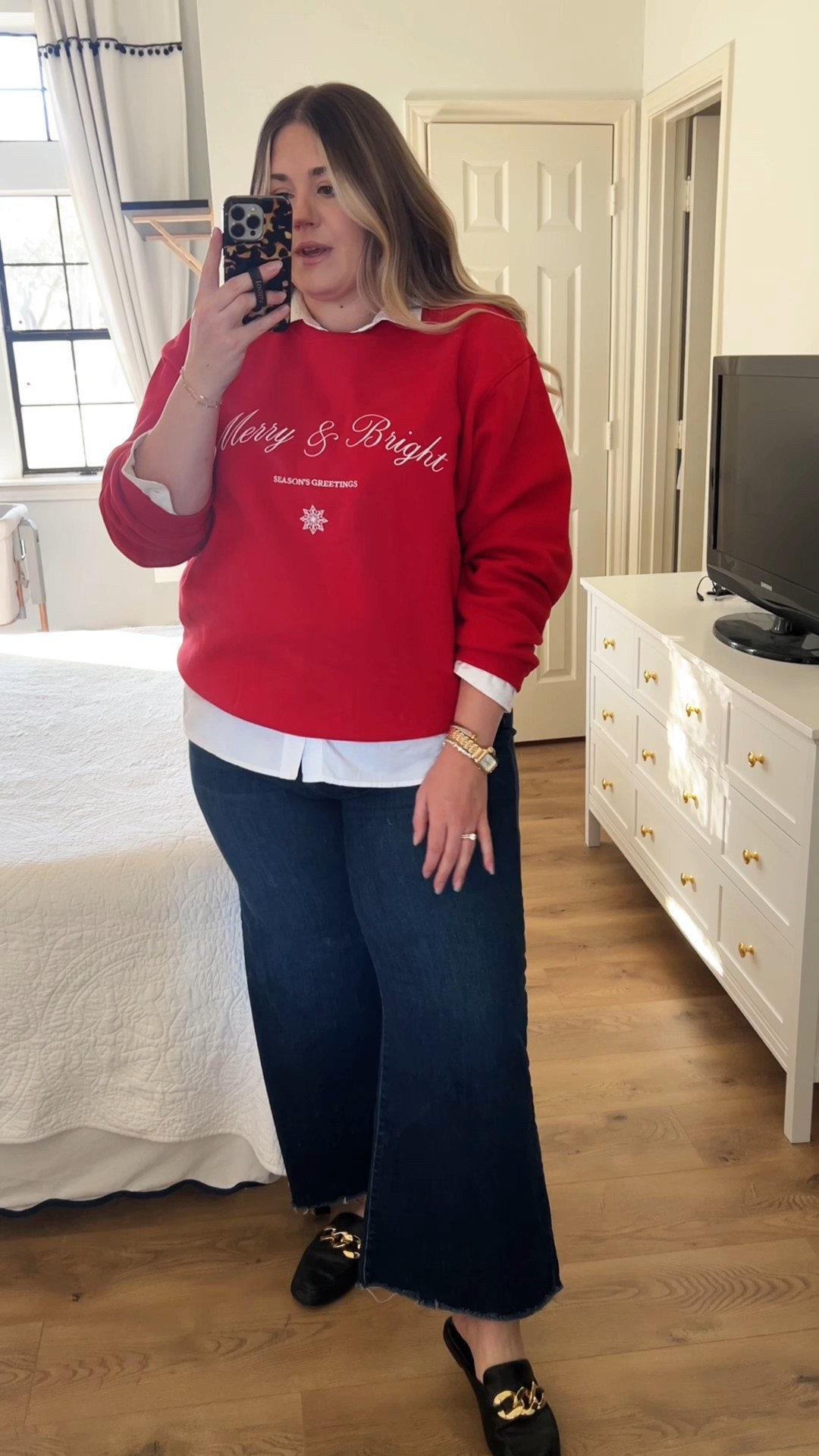 Loving this outfit for going to the kids’ school Christmas party or for work! Putting a button up under a sweatshirt or sweater is such an easy way to elevate an outfit.

Holiday outfit, holiday style, midsize outfits, midsize outfit ideas, red sweater, Christmas sweater, casual holiday outfit

#LTKootd #LTKMidsize #LTKHoliday