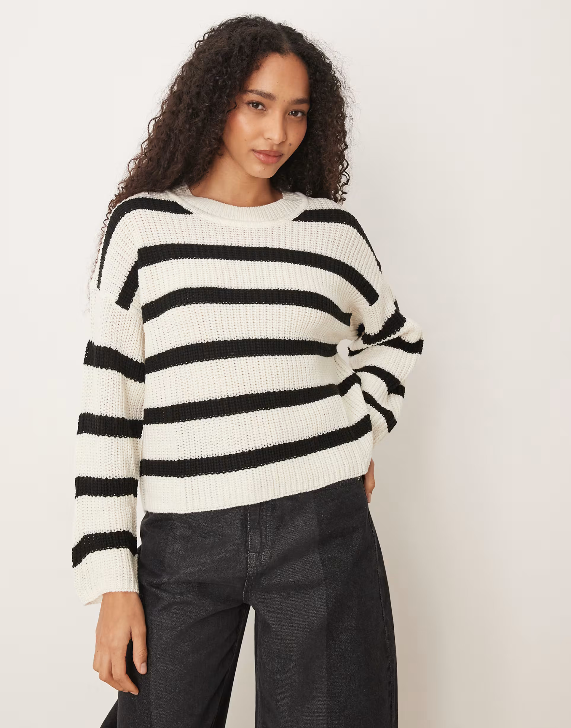 JDY knitted crew neck stripe sweater in black & cream | ASOS (Global)