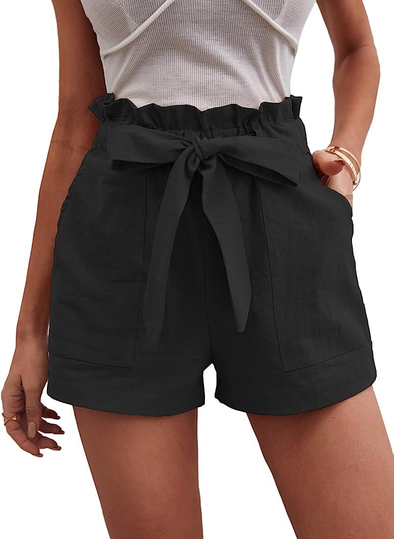 Women's Solid Paper Bag High Waist Shorts Summer Casual Bow Tie Belted Shorts | Amazon (US)