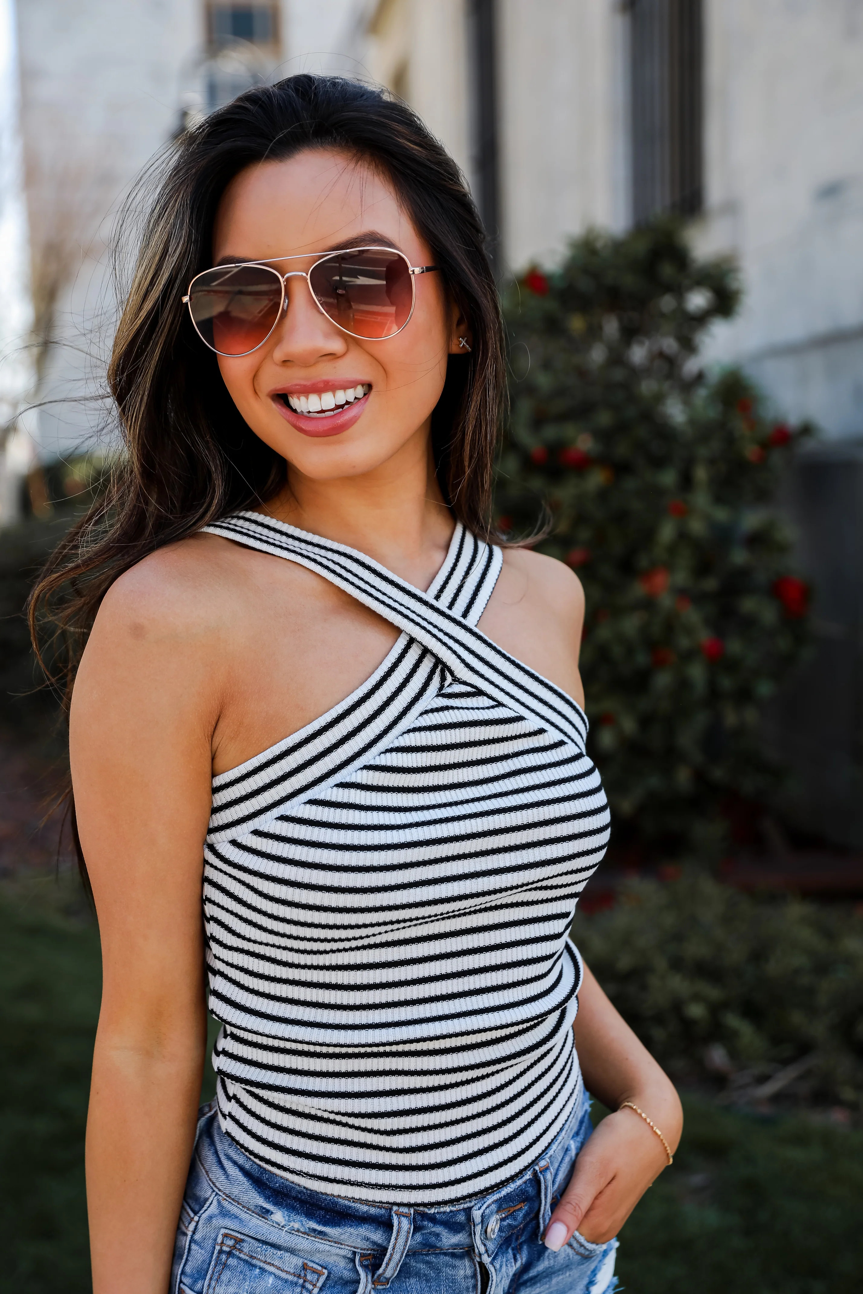 Stylish Inclination Cream Striped Crossover Tank | Dress Up