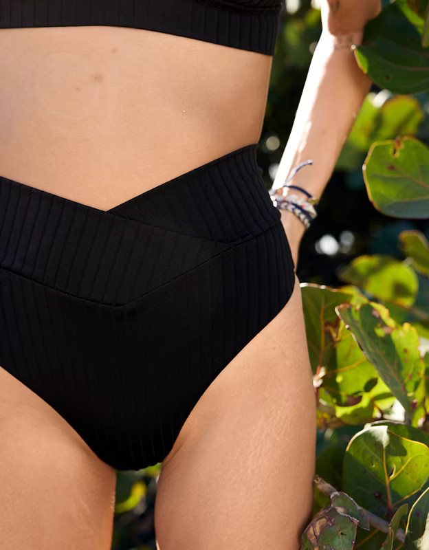 Aerie Ribbed Shine Crossover High Cut Cheeky Bikini Bottom | American Eagle Outfitters (US & CA)
