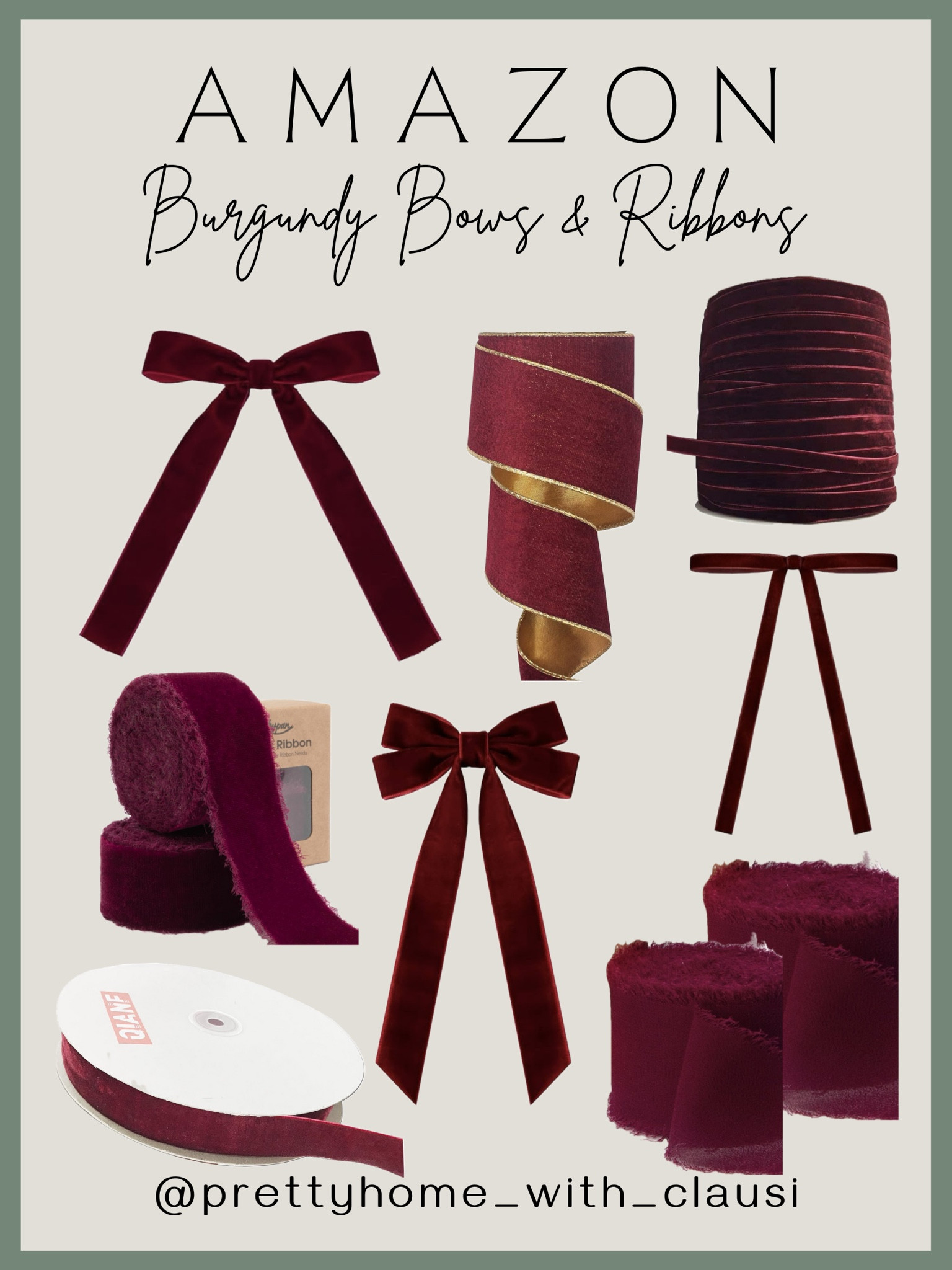 Amazon has the best ribbons for Christmas decorations.
Burgundy velvet ribbon.
Burgundy bows.
Burgundy ribbon.

#LTKHoliday #LTKSeasonal #LTKHome
